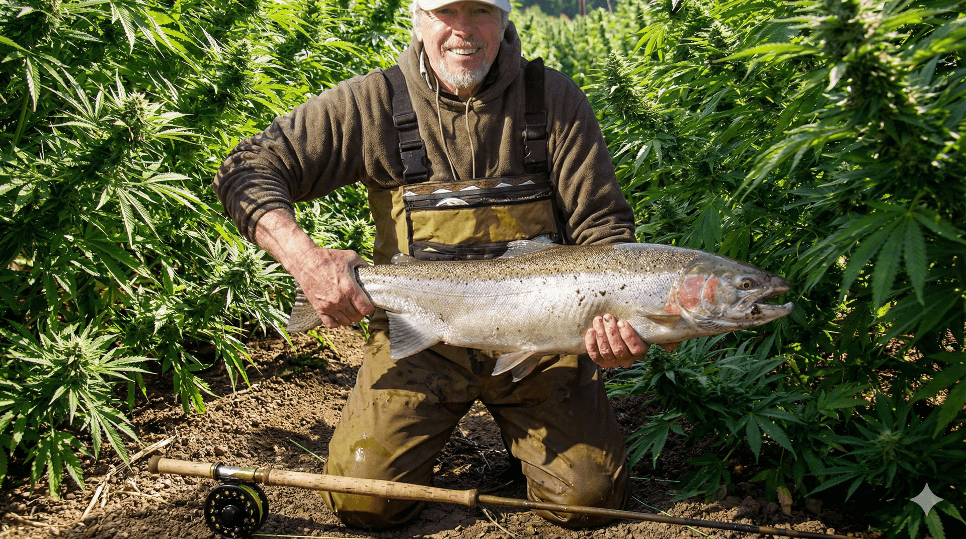 Angler holding a steelhead with a fly rod in a lush cannabis field
