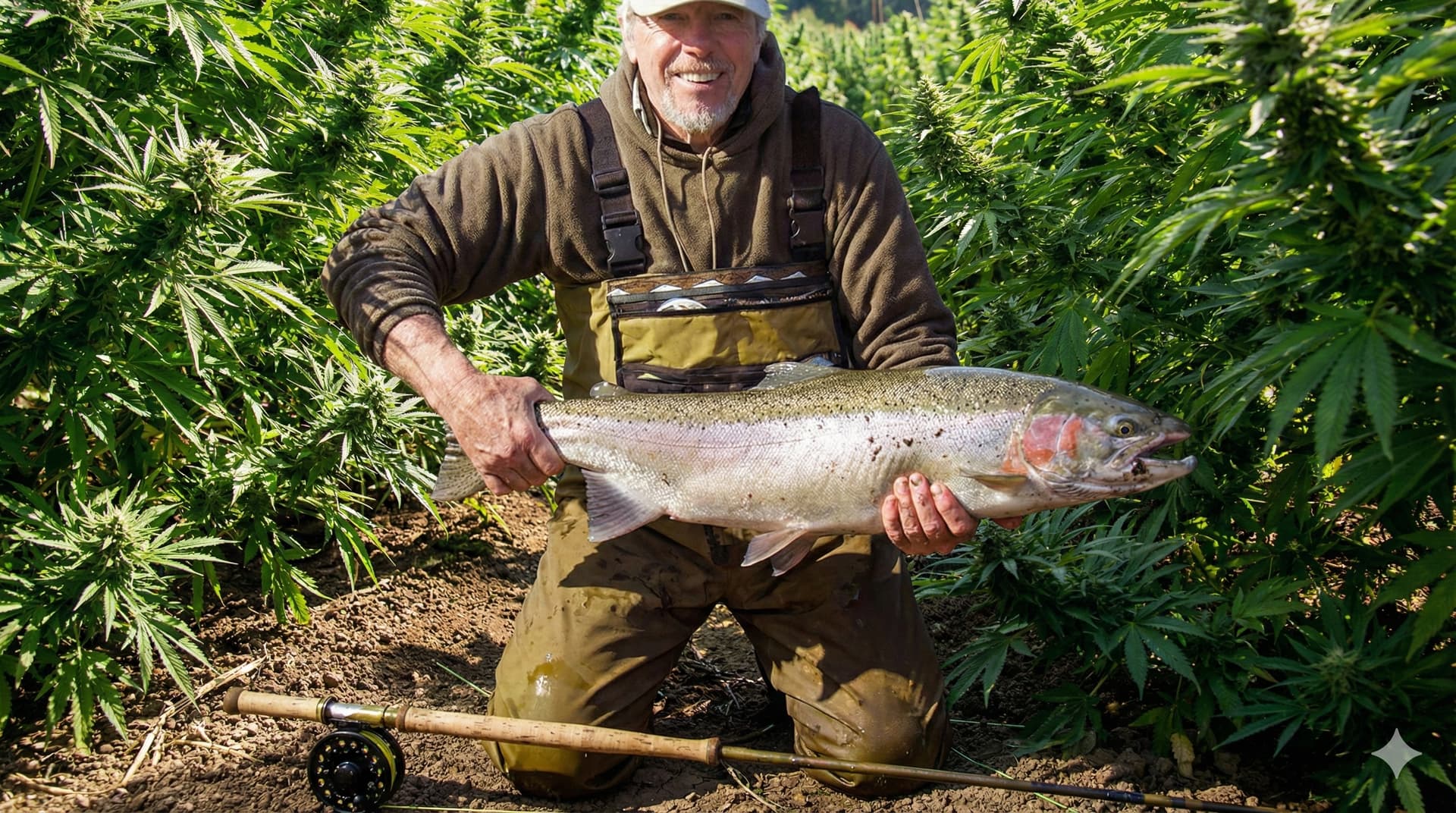 Angler holding a steelhead with a fly rod in a lush cannabis field
